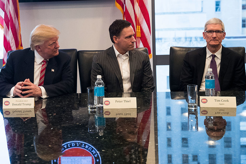 Donald Trump, Peter Thiel and Tim Cook, chief executive officer of Apple during a meeting with technology executives at Trump Tower, December 14, 2016 (Photo by Drew Angerer/Getty Images)